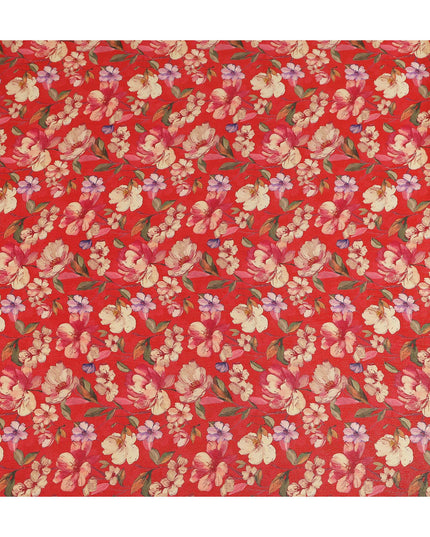 Scarlet Red Blossom Floral Viscose Crepe Fabric 110cm