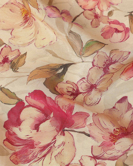 Champagne Beige Floral Viscose Crepe Fabric 110cm