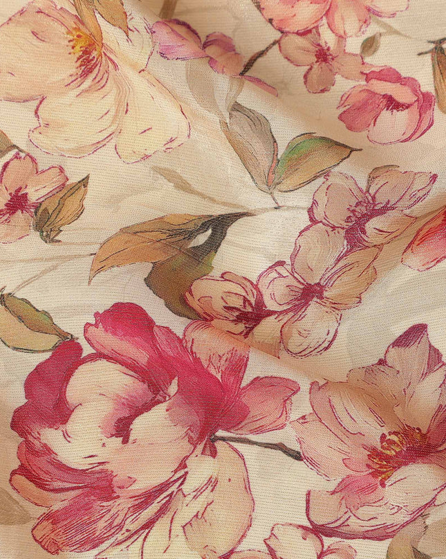 Champagne Beige Floral Viscose Crepe Fabric 110cm