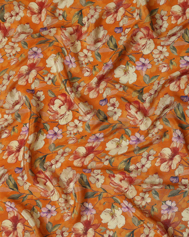 Pumpkin Orange Blossom Floral Viscose Crepe Fabric 110cm