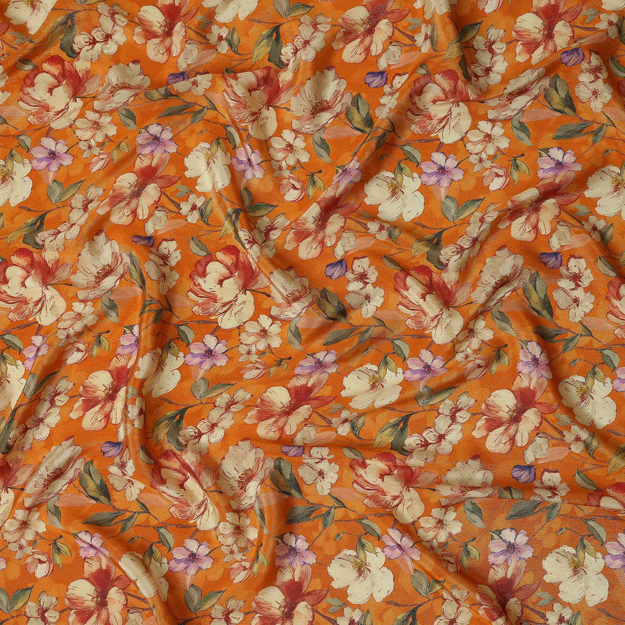 Pumpkin Orange Blossom Floral Viscose Crepe Fabric 110cm