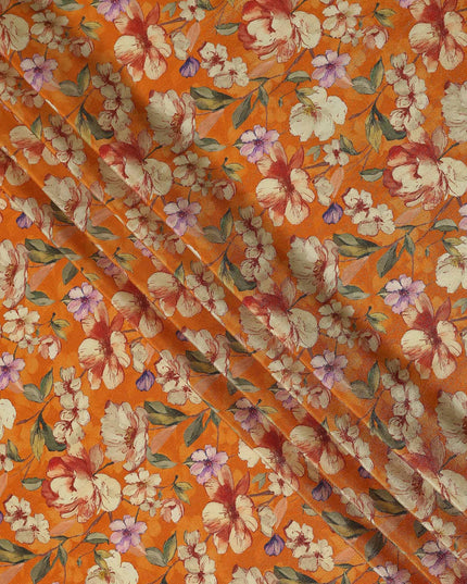 Pumpkin Orange Blossom Floral Viscose Crepe Fabric 110cm