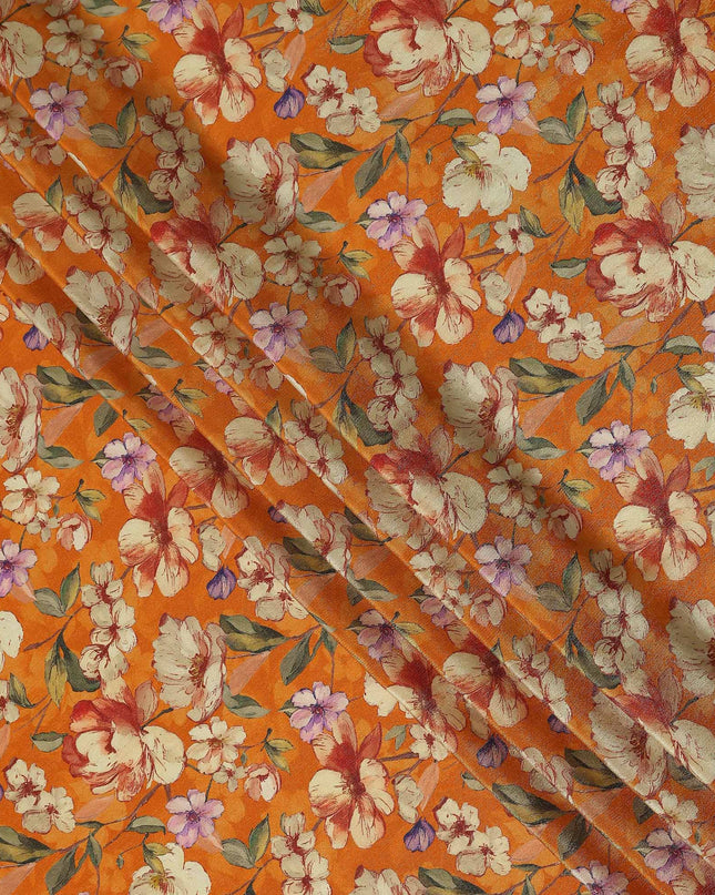 Pumpkin Orange Blossom Floral Viscose Crepe Fabric 110cm