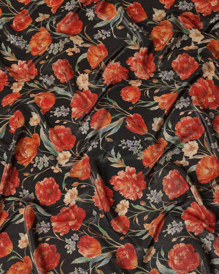 Onyx Black Tulip Floral Viscose Crepe Fabric 110cm