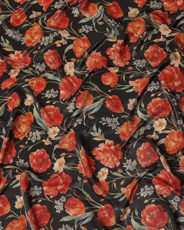 Onyx Black Tulip Floral Viscose Crepe Fabric 110cm