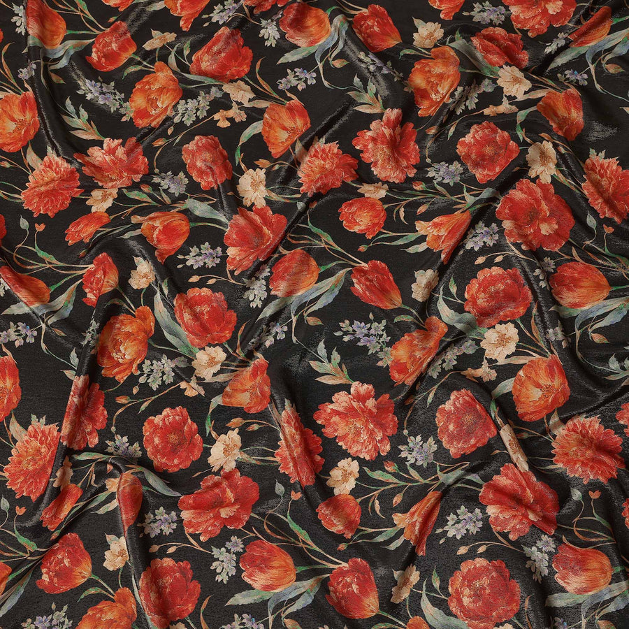 Onyx Black Tulip Floral Viscose Crepe Fabric 110cm