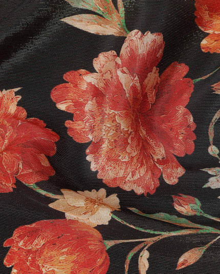 Onyx Black Tulip Floral Viscose Crepe Fabric 110cm