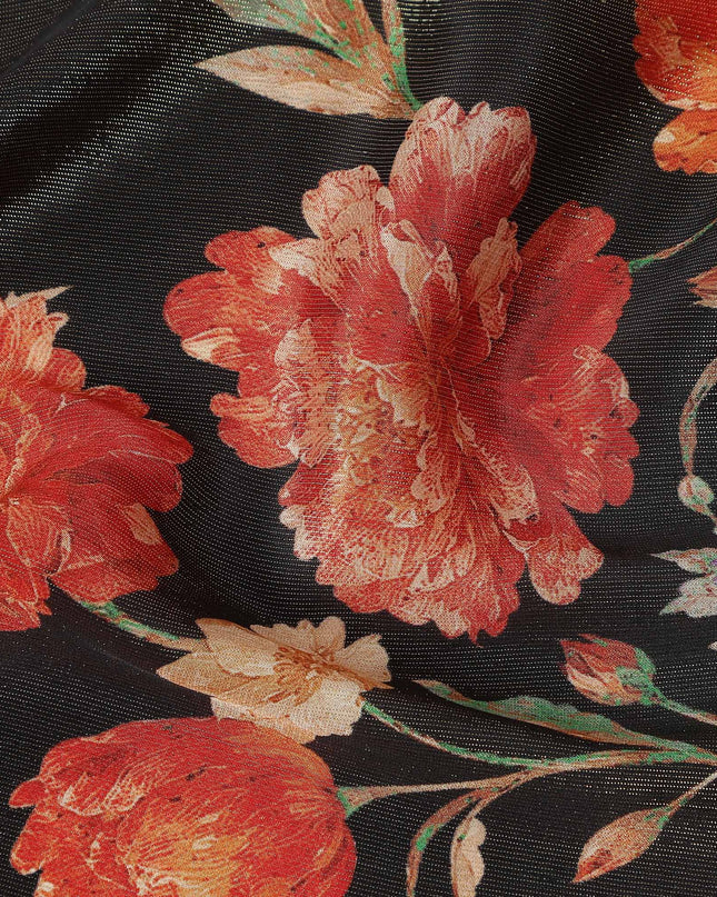 Onyx Black Tulip Floral Viscose Crepe Fabric 110cm