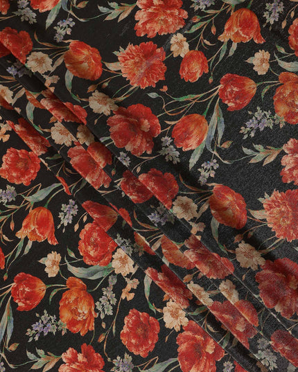 Onyx Black Tulip Floral Viscose Crepe Fabric 110cm