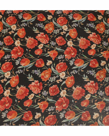 Onyx Black Tulip Floral Viscose Crepe Fabric 110cm