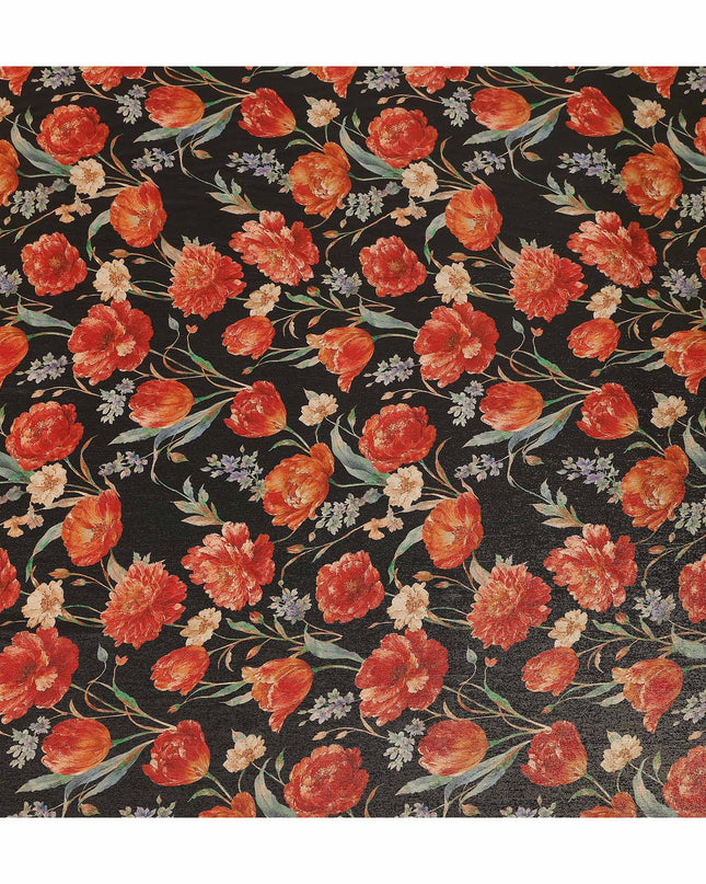 Onyx Black Tulip Floral Viscose Crepe Fabric 110cm