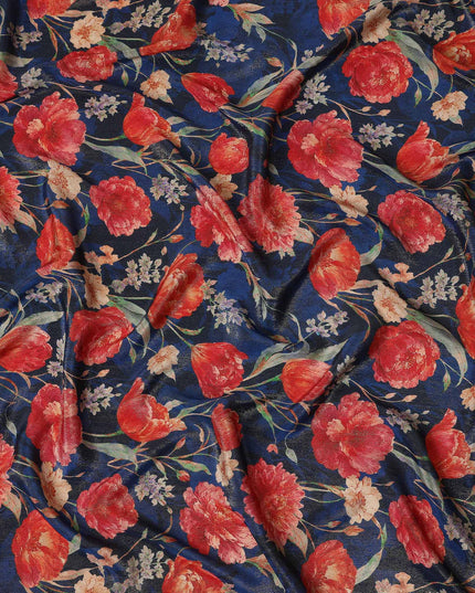 Royal Blue Tulip Floral Viscose Crepe Fabric 110cm