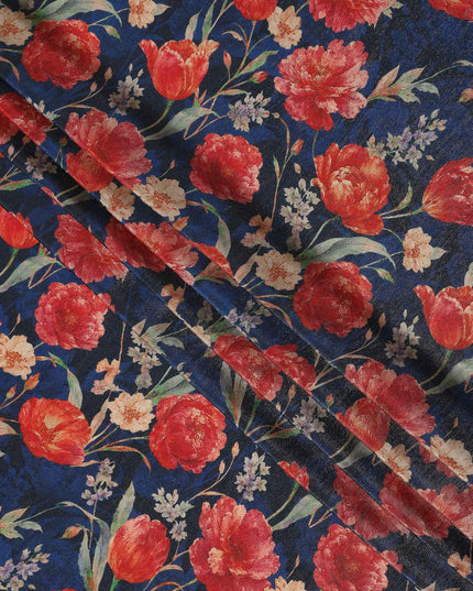 Royal Blue Tulip Floral Viscose Crepe Fabric 110cm