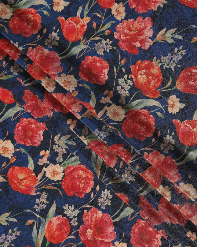 Royal Blue Tulip Floral Viscose Crepe Fabric 110cm