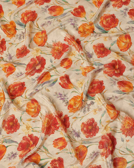Almond Beige Tulip Floral Viscose Crepe Fabric 110cm