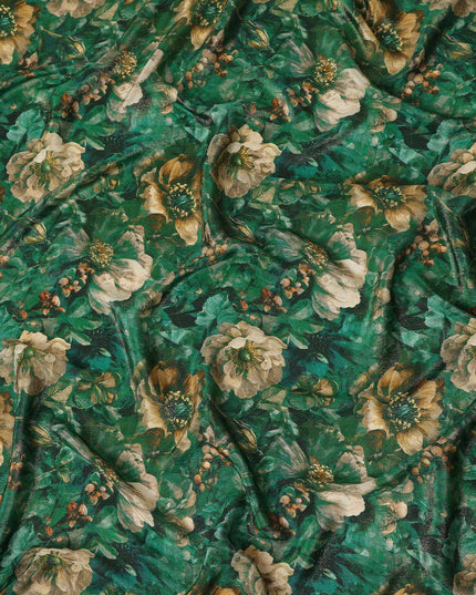 Emerald Green Vintage Floral Viscose Crepe Fabric 110cm