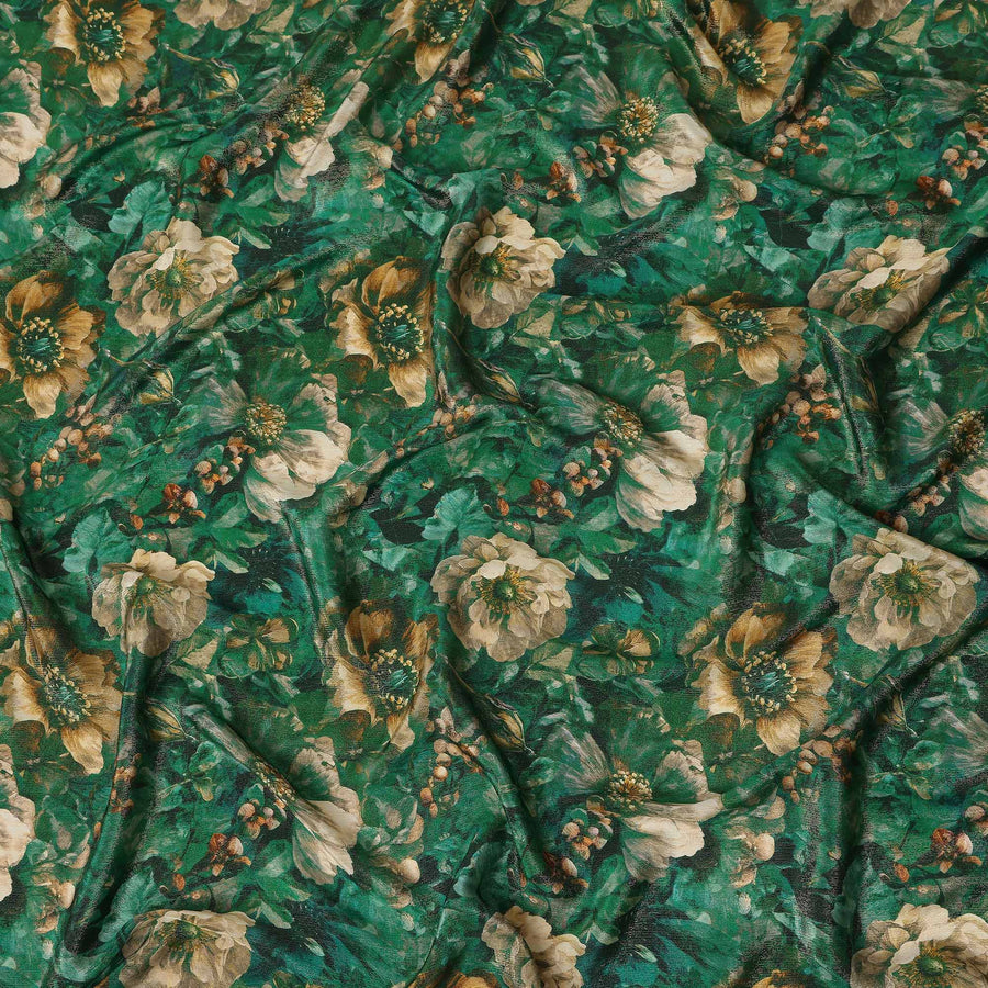 Emerald Green Vintage Floral Viscose Crepe Fabric 110cm
