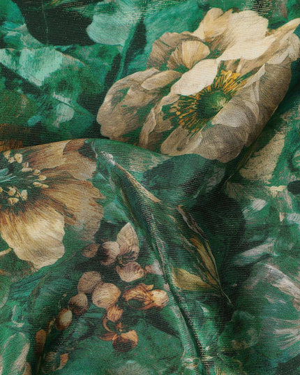 Emerald Green Vintage Floral Viscose Crepe Fabric 110cm