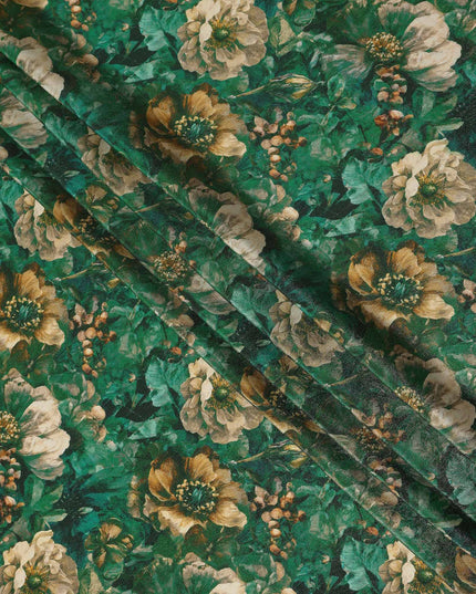 Emerald Green Vintage Floral Viscose Crepe Fabric 110cm