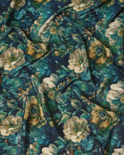 Peacock Blue Vintage Floral Viscose Crepe Fabric 110cm