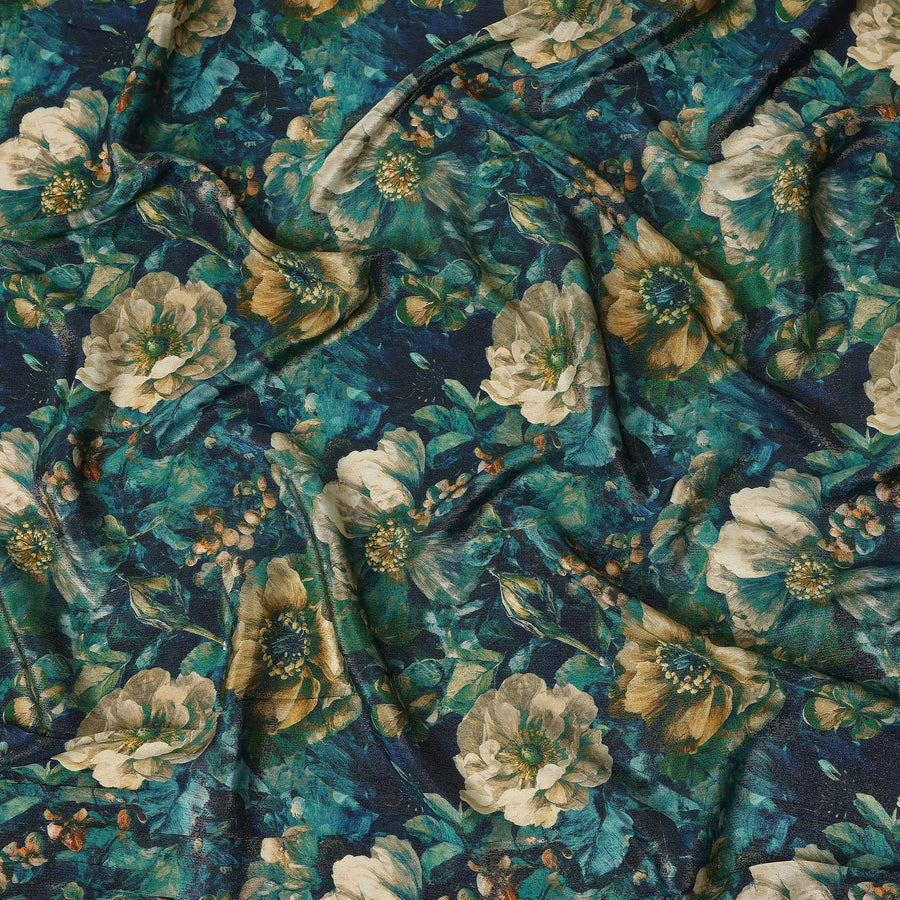 Peacock Blue Vintage Floral Viscose Crepe Fabric 110cm
