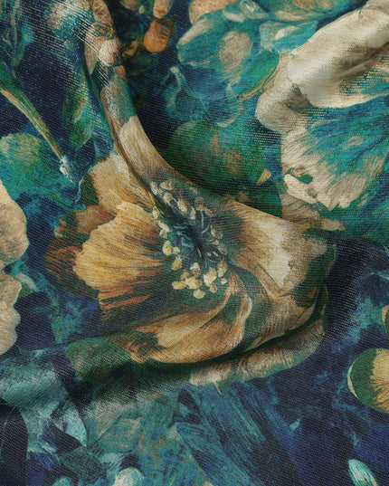 Peacock Blue Vintage Floral Viscose Crepe Fabric 110cm