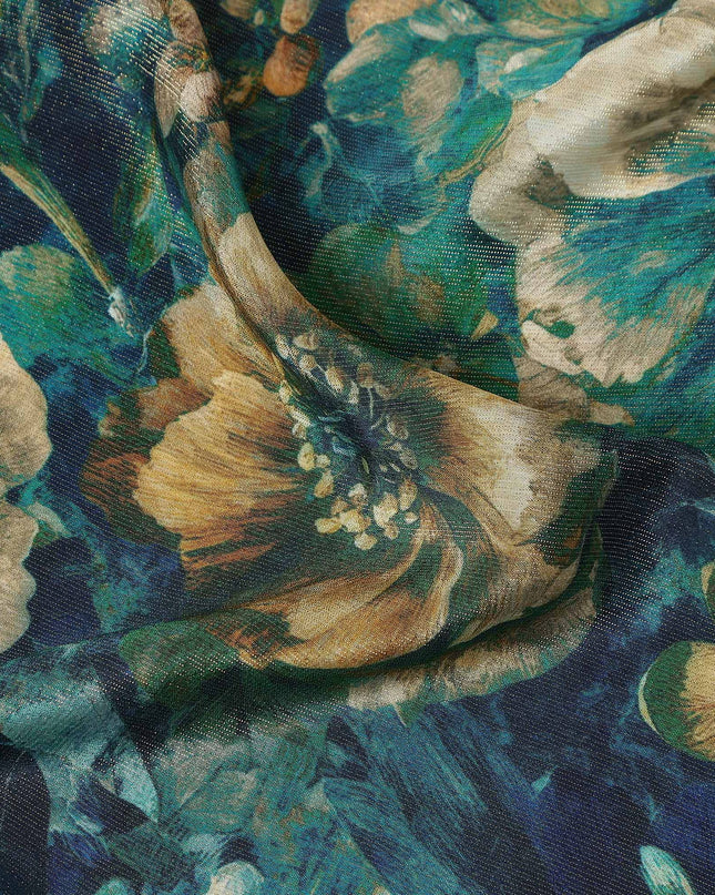 Peacock Blue Vintage Floral Viscose Crepe Fabric 110cm
