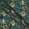 Peacock Blue Vintage Floral Viscose Crepe Fabric 110cm