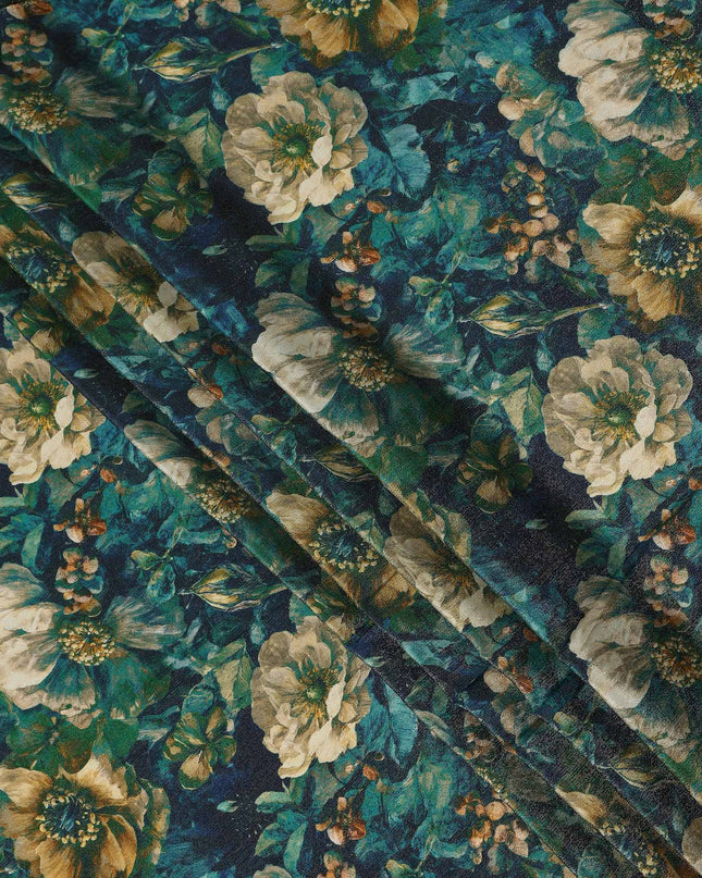 Peacock Blue Vintage Floral Viscose Crepe Fabric 110cm