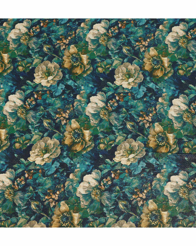 Peacock Blue Vintage Floral Viscose Crepe Fabric 110cm