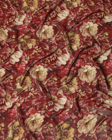 Maroon Red Vintage Floral Viscose Crepe Fabric 110cm