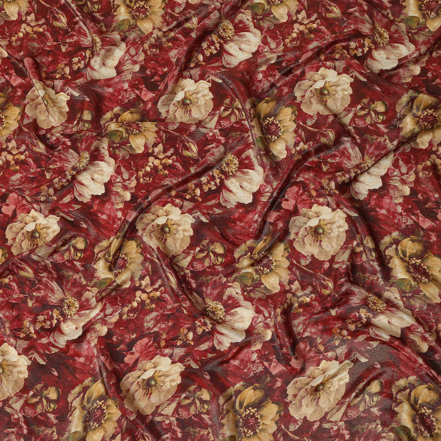 Maroon Red Vintage Floral Viscose Crepe Fabric 110cm
