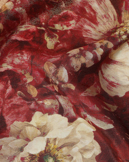 Maroon Red Vintage Floral Viscose Crepe Fabric 110cm