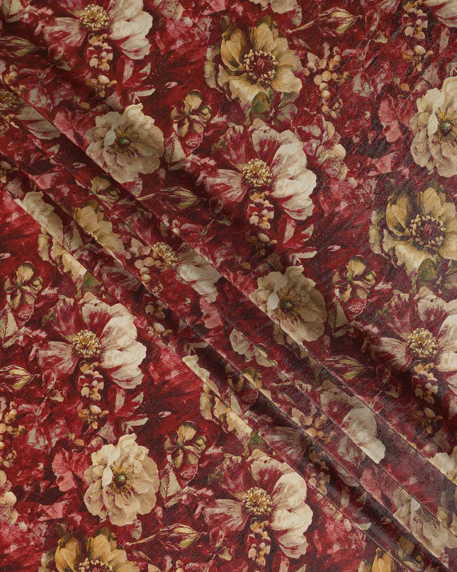 Maroon Red Vintage Floral Viscose Crepe Fabric 110cm
