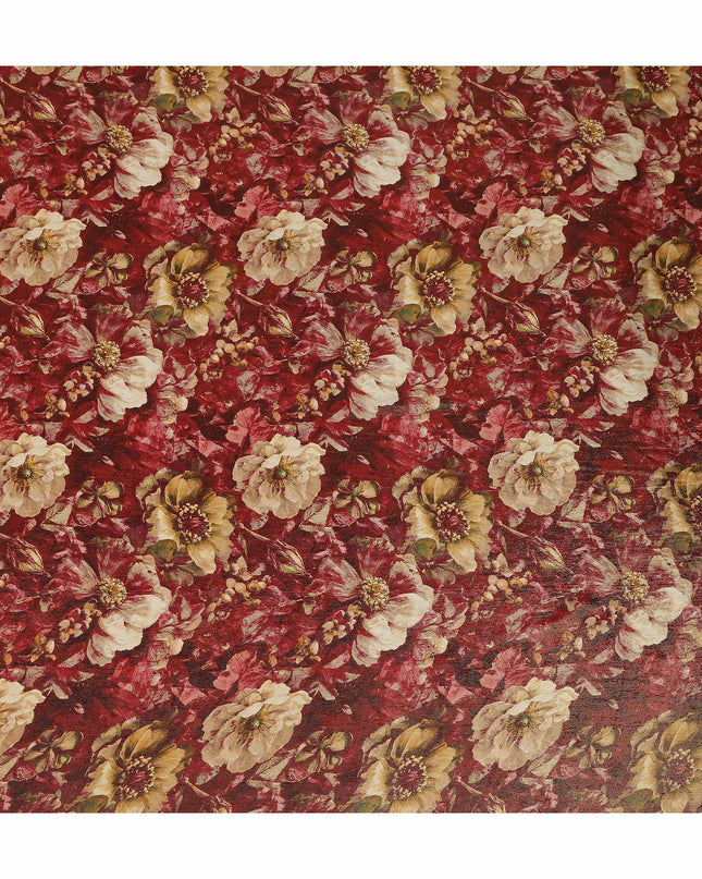Maroon Red Vintage Floral Viscose Crepe Fabric 110cm