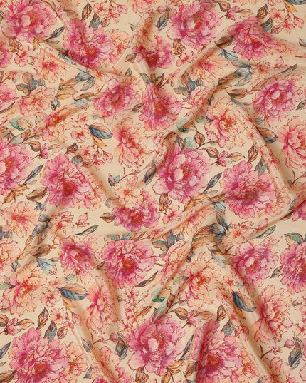 Peach Pink Peony Floral Viscose Crepe Fabric 110cm