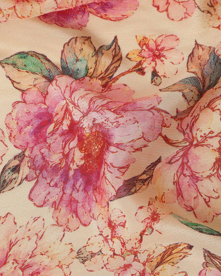 Peach Pink Peony Floral Viscose Crepe Fabric 110cm