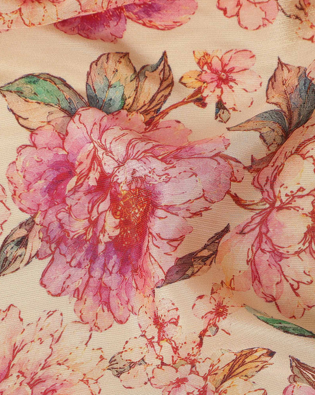 Peach Pink Peony Floral Viscose Crepe Fabric 110cm