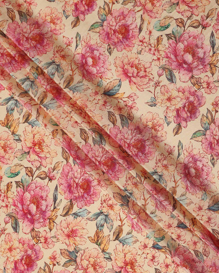 Peach Pink Peony Floral Viscose Crepe Fabric 110cm