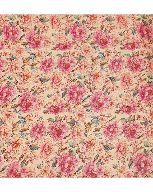 Peach Pink Peony Floral Viscose Crepe Fabric 110cm