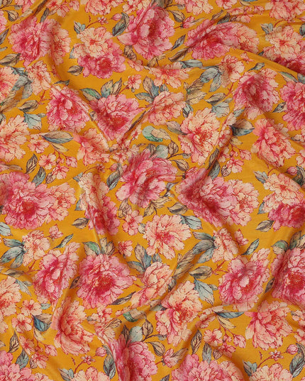 Mustard Yellow Peony Floral Viscose Crepe Fabric 110cm