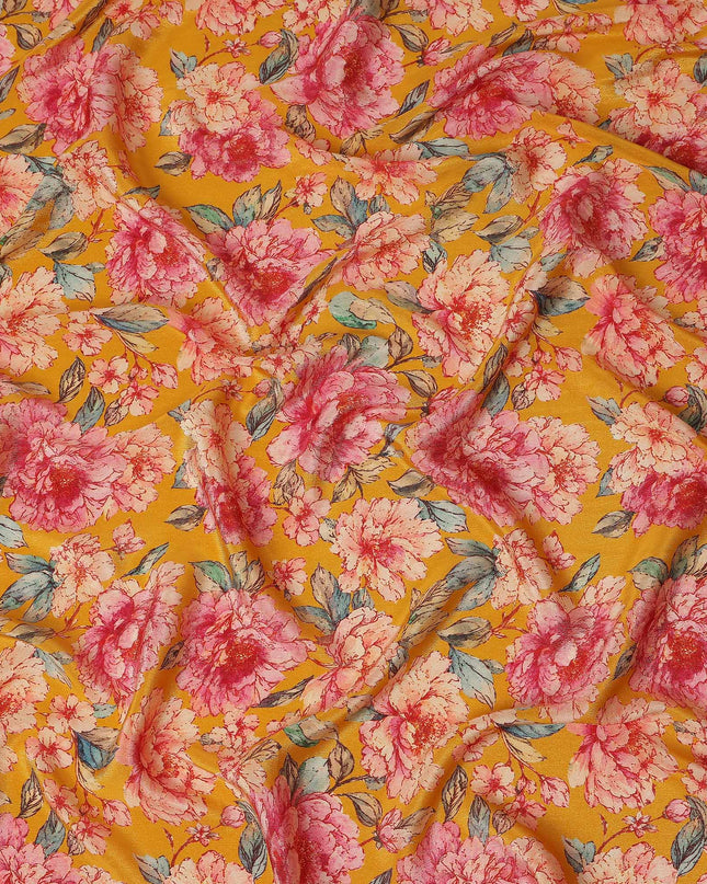 Mustard Yellow Peony Floral Viscose Crepe Fabric 110cm