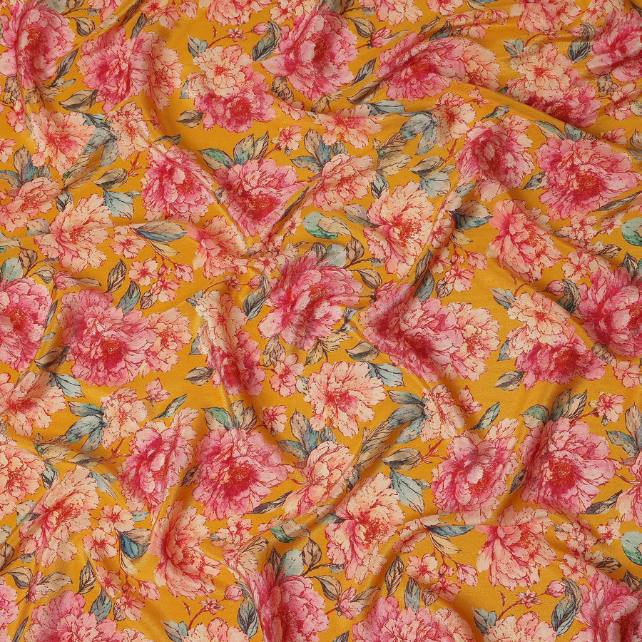 Mustard Yellow Peony Floral Viscose Crepe Fabric 110cm