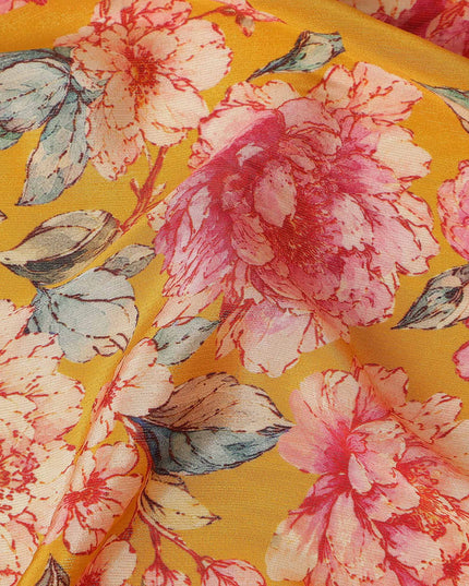 Mustard Yellow Peony Floral Viscose Crepe Fabric 110cm