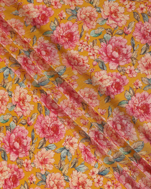 Mustard Yellow Peony Floral Viscose Crepe Fabric 110cm