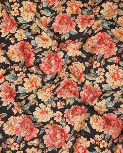 Jet Black Peony Floral Viscose Crepe Fabric 110cm