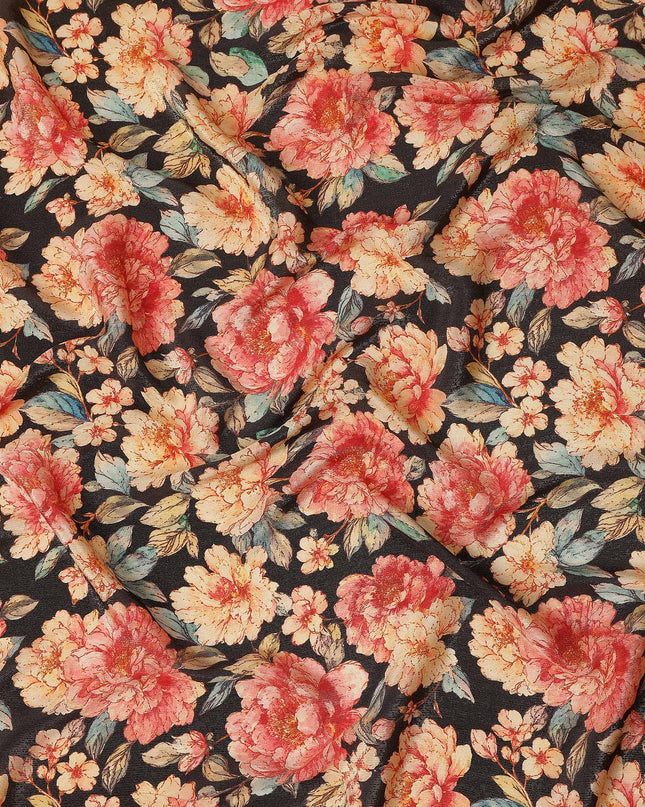 Jet Black Peony Floral Viscose Crepe Fabric 110cm