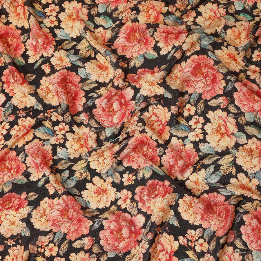 Jet Black Peony Floral Viscose Crepe Fabric 110cm