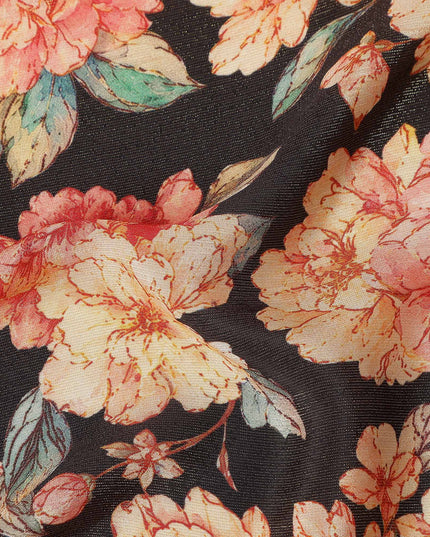 Jet Black Peony Floral Viscose Crepe Fabric 110cm
