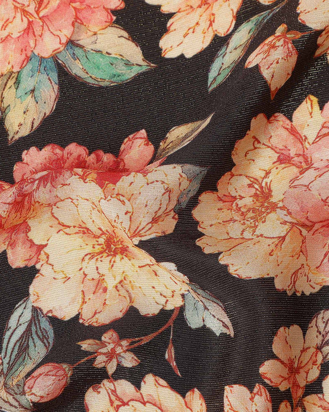 Jet Black Peony Floral Viscose Crepe Fabric 110cm